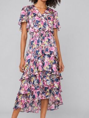 🆕💓Vince Camuto Floral Tiered Dress M Pink Yellow Midi Boho Summer Party Casual